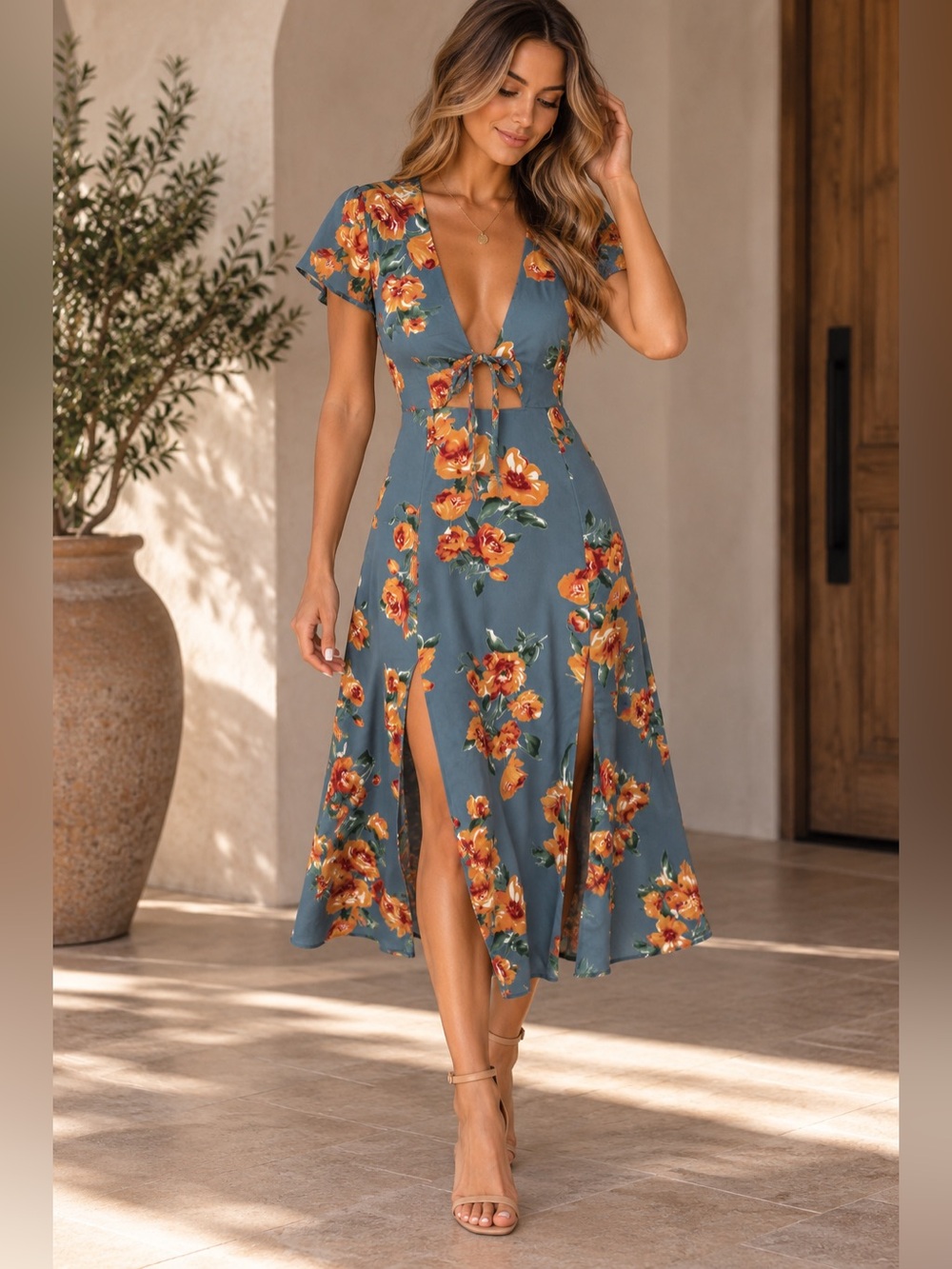 Lulus Floral Cutout Tie Front Midi Dress Blue Orange Sz S NWOT